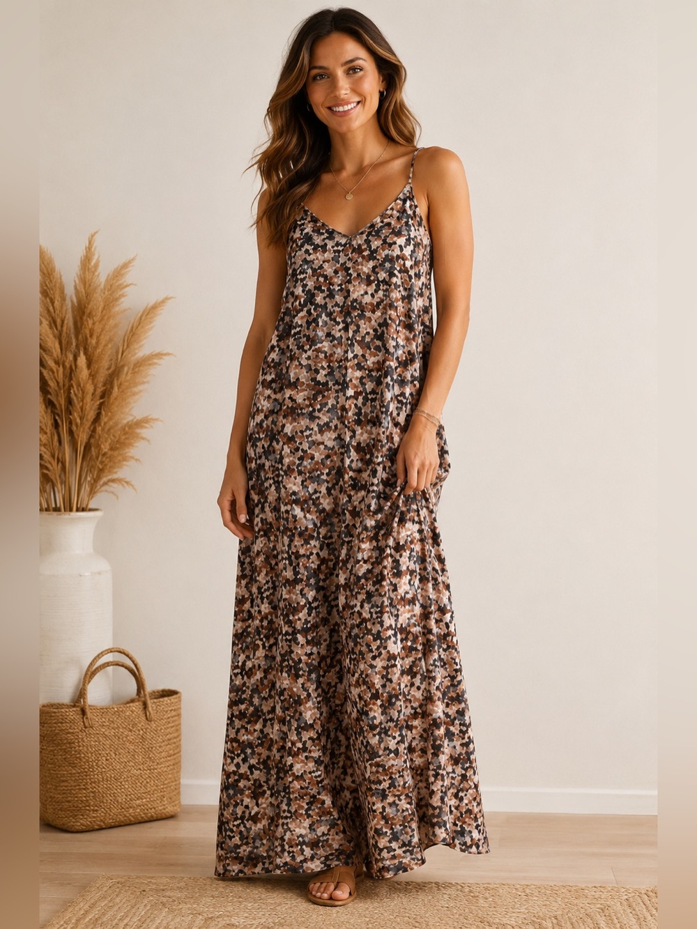 Nicole Miller New York Spaghetti straps Muted Leopard Print Maxi Dress Size XS